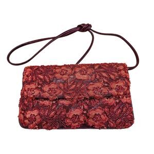 Red Floral Beaded Shoulder Bag Detailed Glossy Purse Multiple Compartments Pink